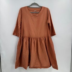 Len Ok 100% Linen Dress S Salmon Orange Lagenlook Boho Pockets